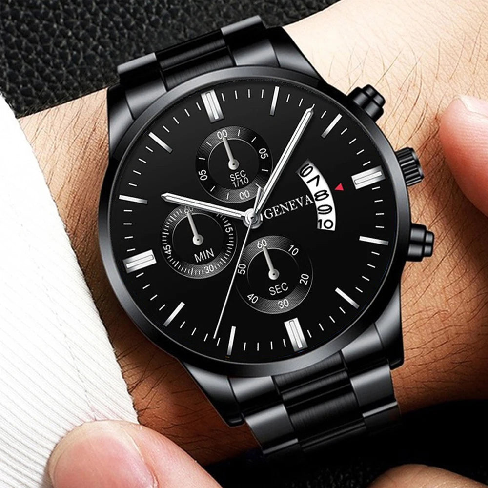 3PCS/Set Fashion Men's Stainless Steel Band Watch Casual Calendar Quartz Watch Jewelry Set（Without Box）