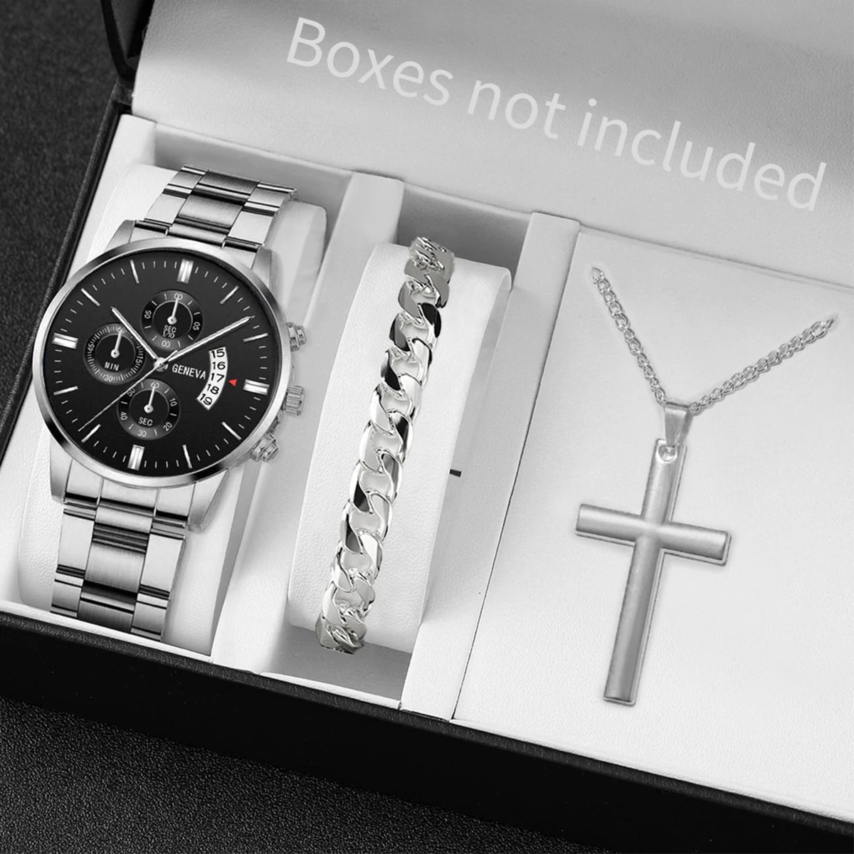 3PCS/Set Fashion Men's Stainless Steel Band Watch Casual Calendar Quartz Watch Jewelry Set（Without Box）