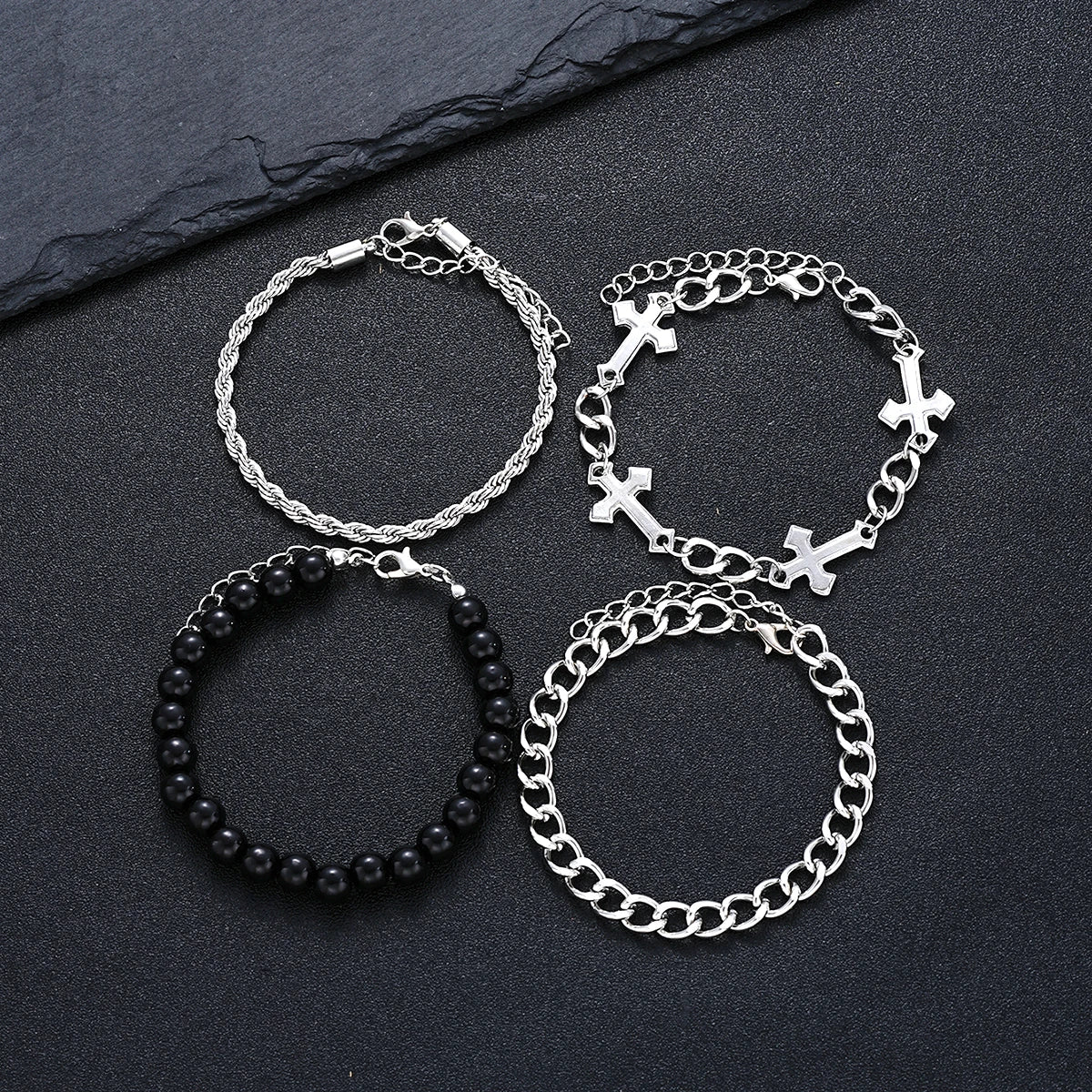 4 Pcs Stainless Steel Bracelet Set For Men Women Punk Fashion Cross Beads Chain Bracelets Simple Hip Hop Unisex Jewelry Gift New